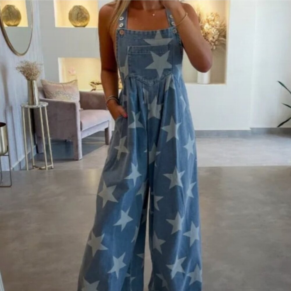 Star Print Denim Wide Leg Jumpsuit